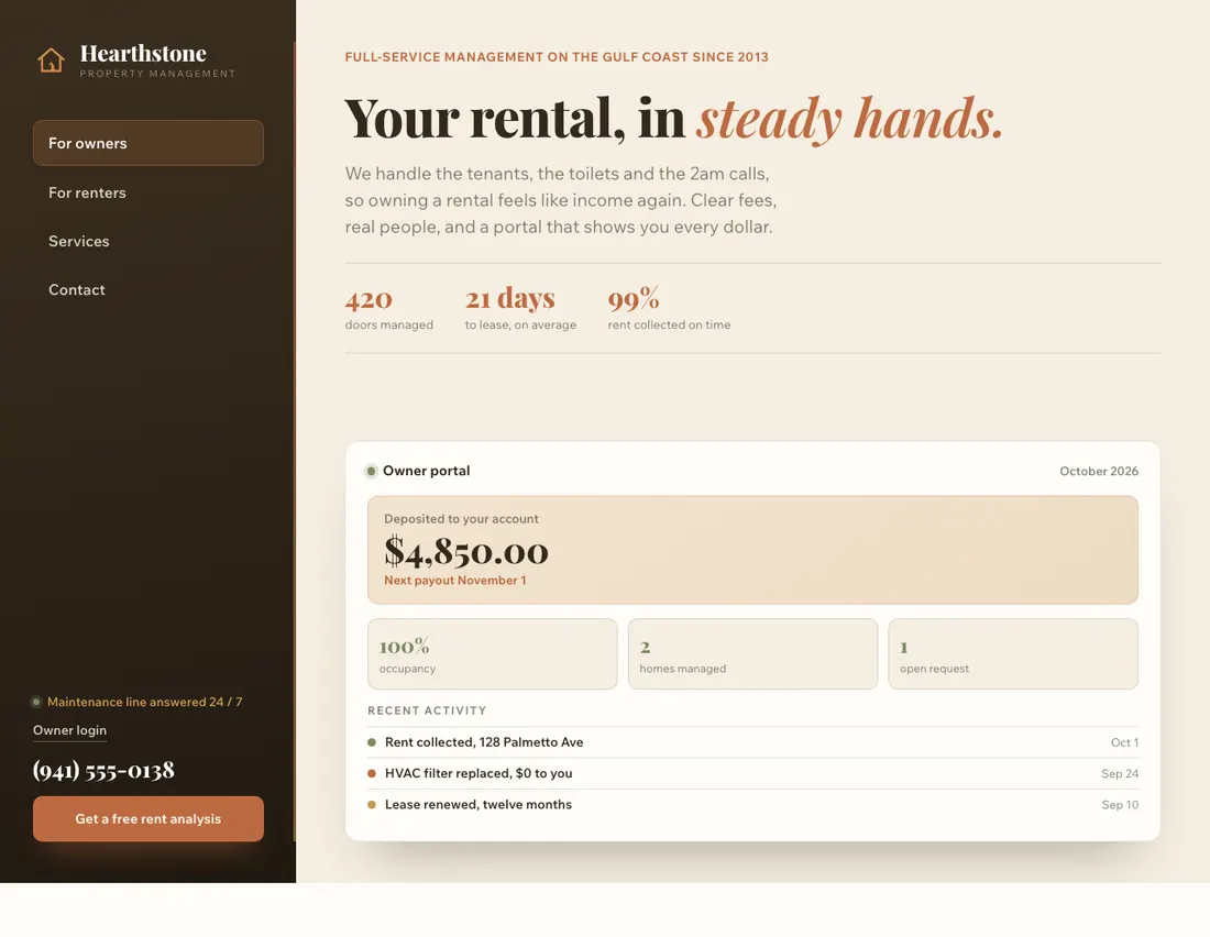 Hearthstone, property management in Sarasota: the home page DEVIQO designed and wrote for it