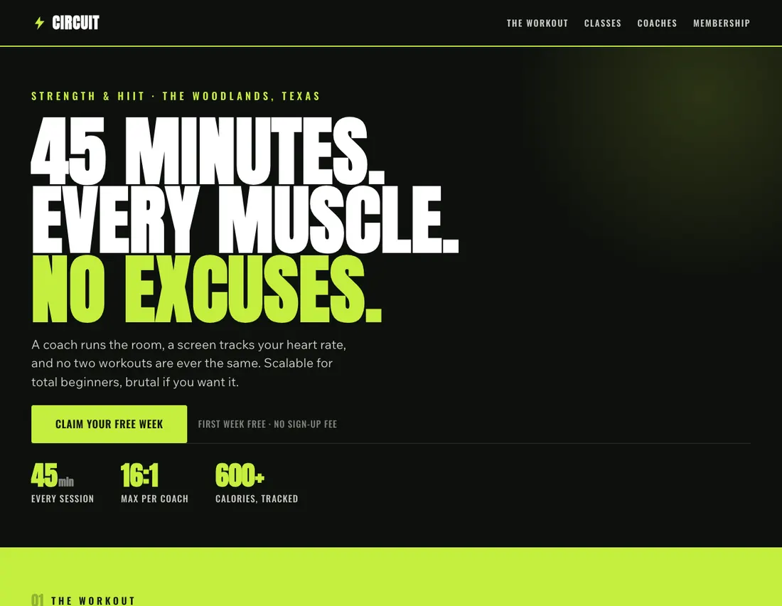 Circuit, strength & HIIT studio in The Woodlands: the home page DEVIQO designed and wrote for it