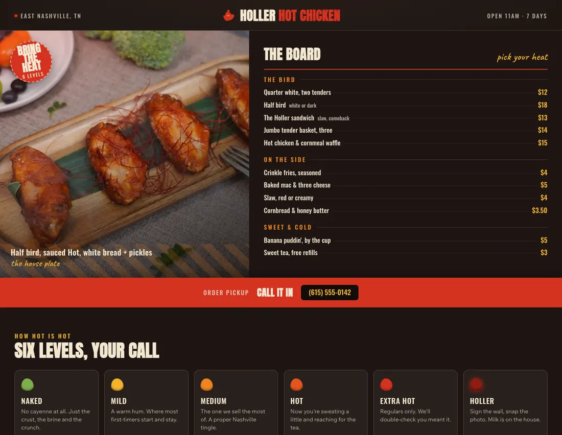 Home page of Holler Hot Chicken, an example site for nashville hot-chicken joint in Nashville