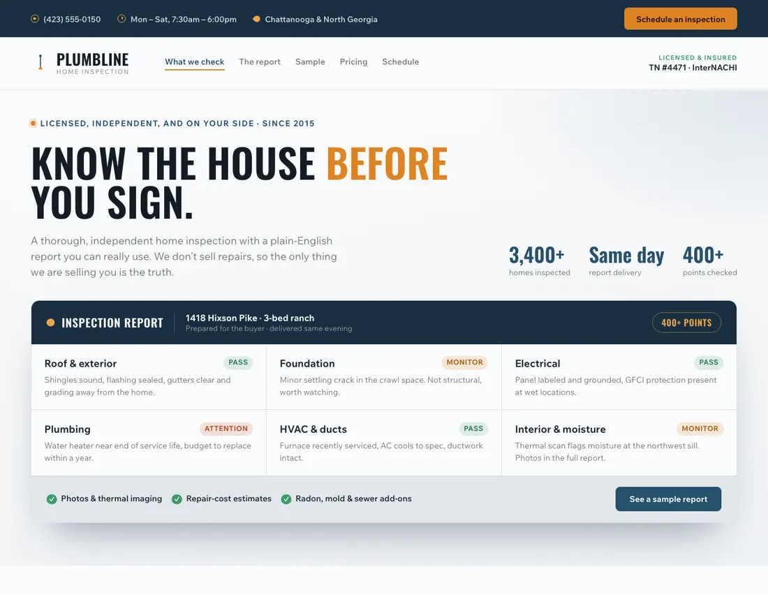 Home page of Plumbline, an example site for home inspection in Chattanooga