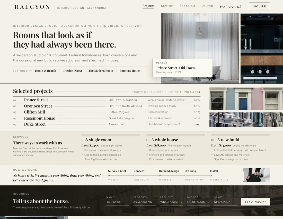 Home page of Halcyon, an example site for interior design studio in Alexandria