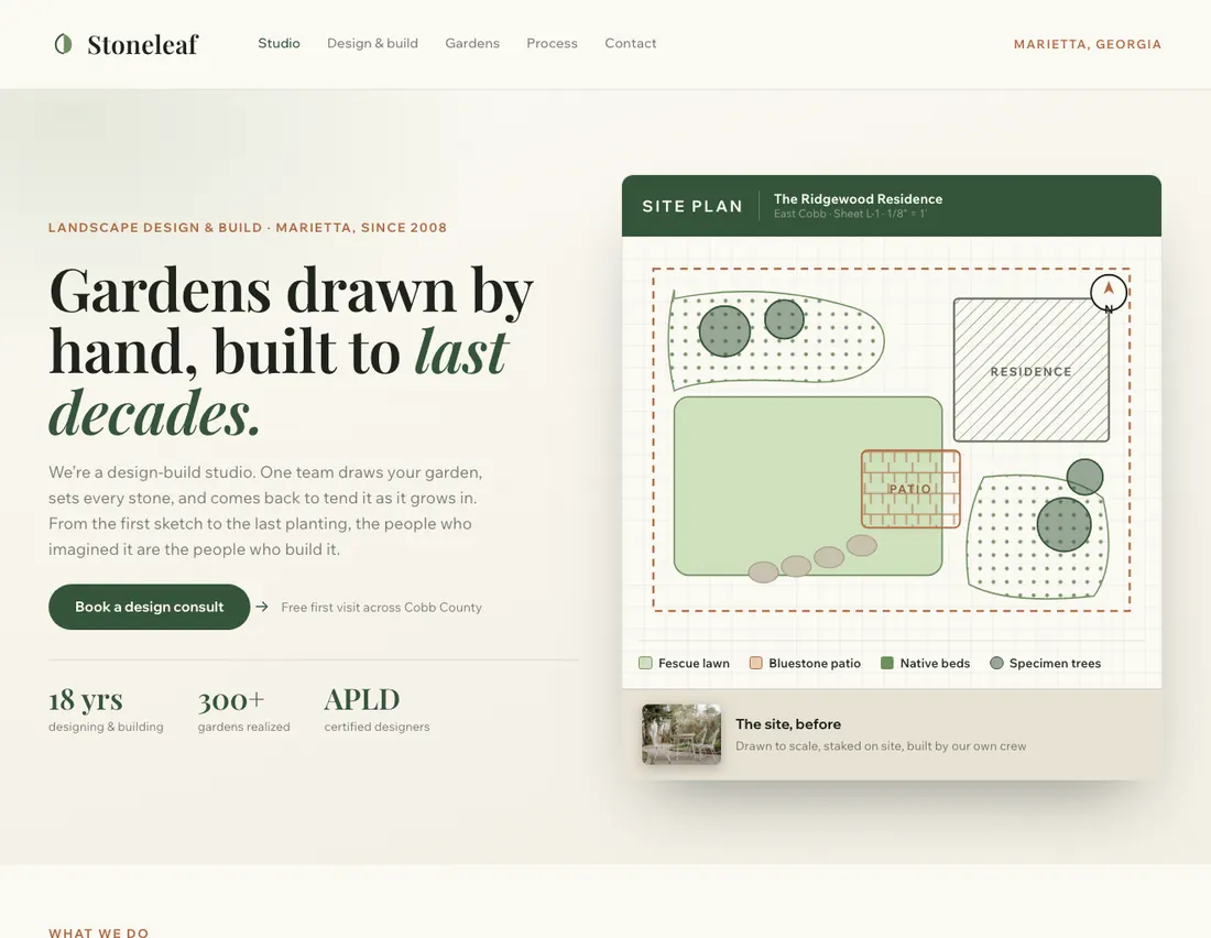 Home page of Stoneleaf Landscape, an example site for landscape design-build in Marietta