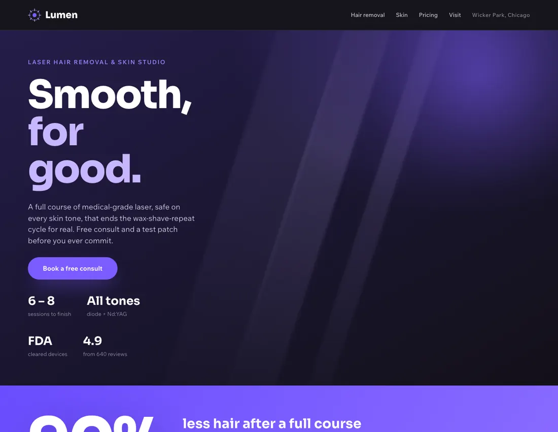 Home page of Lumen Laser & Skin Studio, an example site for laser hair removal & skin studio in Chicago
