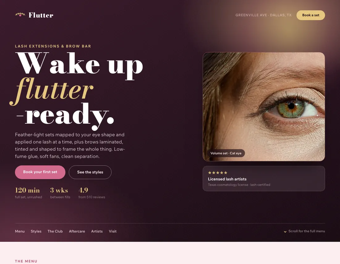 Home page of Flutter Lash & Brow Bar, an example site for lash extensions & brow bar in Dallas