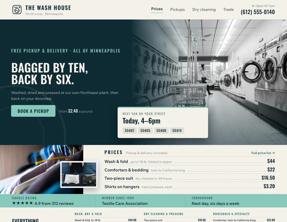 Home page of The Wash House, an example site for laundry & dry cleaning in Minneapolis