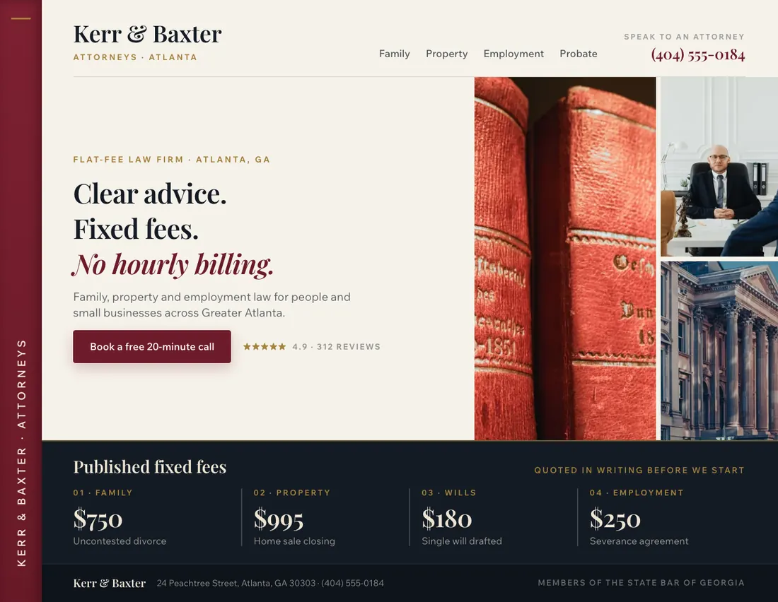 Home page of Kerr & Baxter, an example site for attorneys in Atlanta