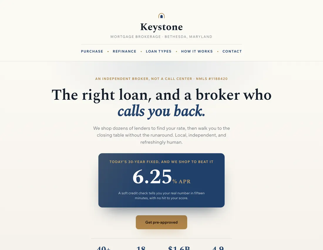Home page of Keystone, an example site for mortgage brokerage in Bethesda