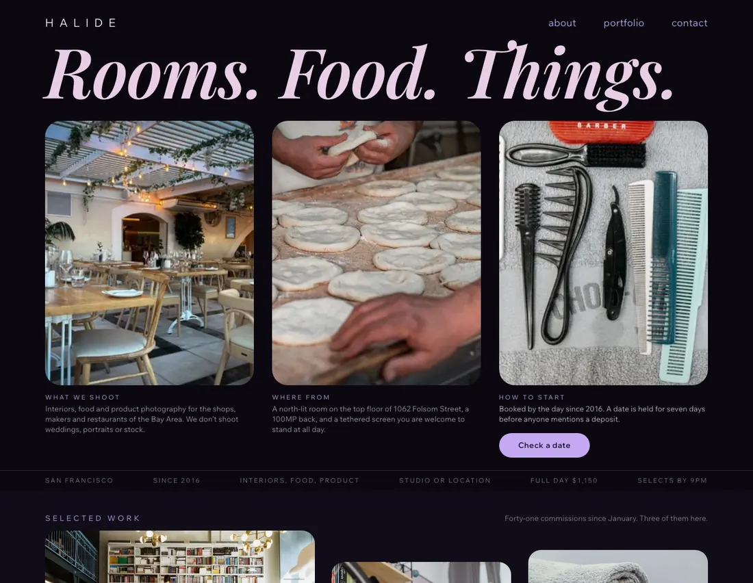 Home page of Halide, an example site for photography & art direction studio in San Francisco