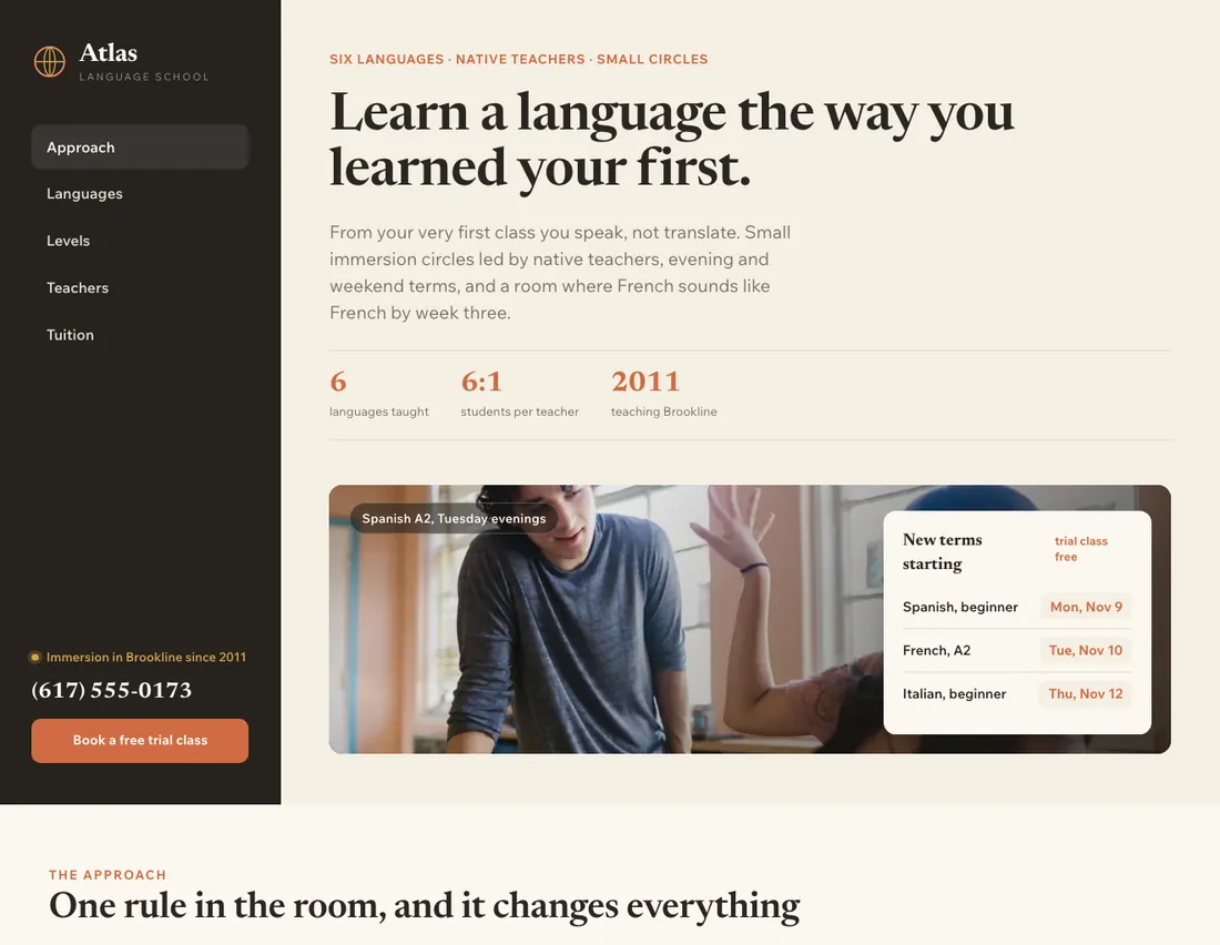 Home page of Atlas Language School, an example site for language immersion school in Brookline