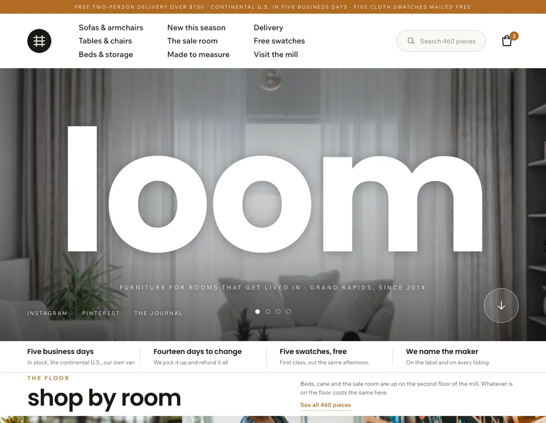 Home page of Loom, an example site for furniture shop in Grand Rapids