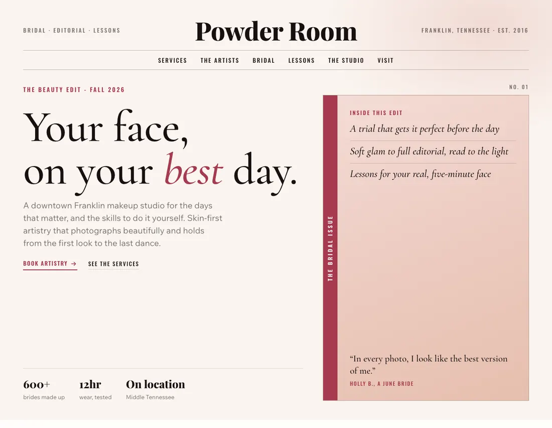 Home page of Powder Room, an example site for makeup studio & artistry in Franklin