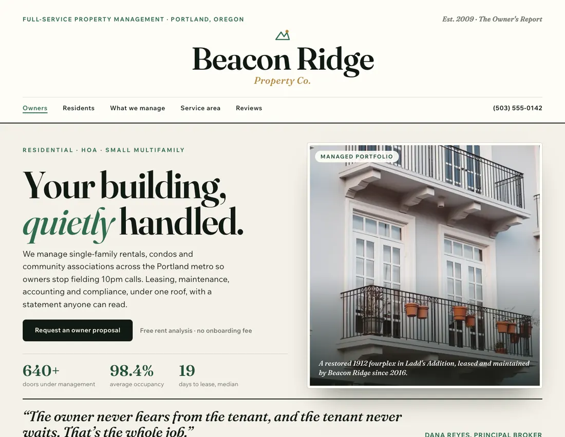 Home page of Beacon Ridge Property Co., an example site for property management in Portland