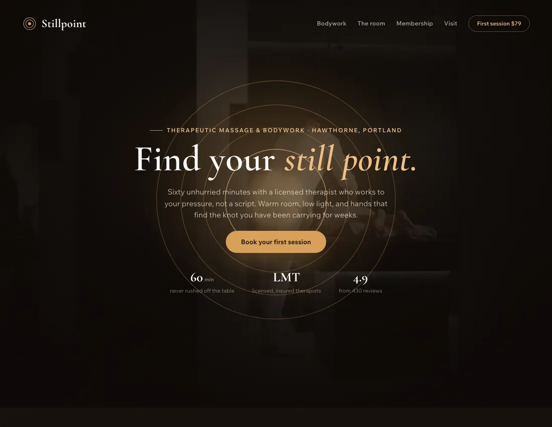 Home page of Stillpoint Massage Therapy, an example site for massage & bodywork studio in Portland