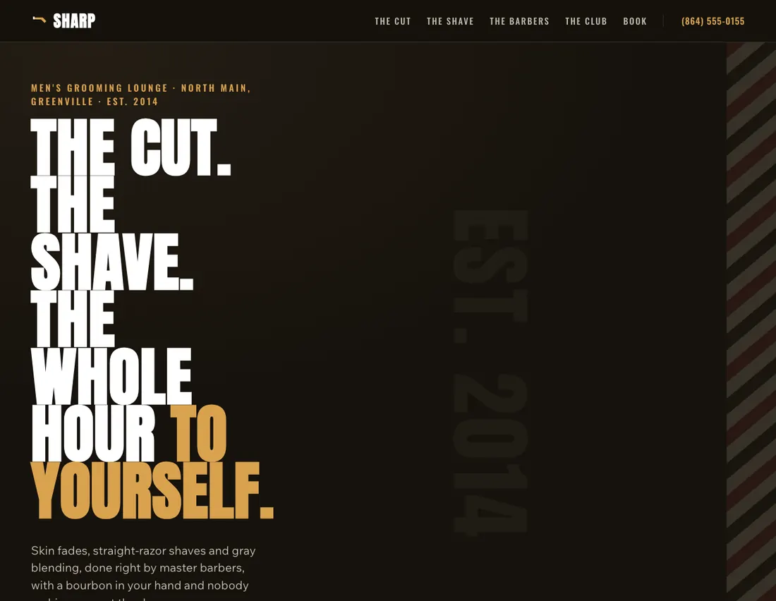 Home page of Sharp, an example site for men’s grooming lounge in Greenville
