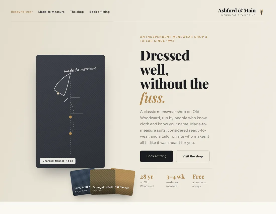 Home page of Ashford & Main, an example site for menswear & tailoring in Birmingham