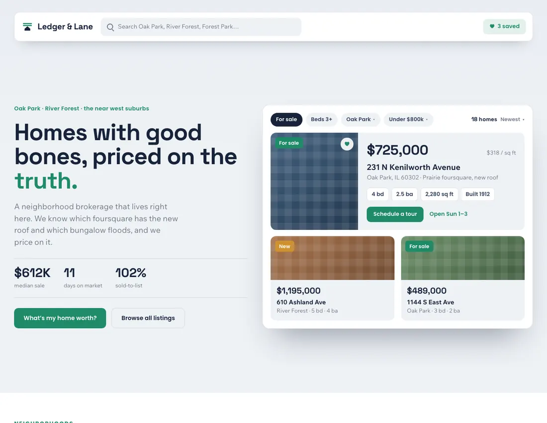 Ledger & Lane, city real estate in Oak Park: the home page DEVIQO designed and wrote for it