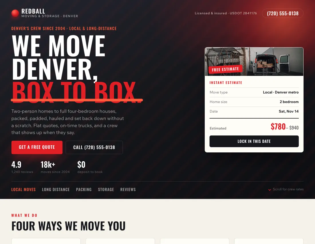 Home page of Redball Moving & Storage, an example site for moving & storage in Denver