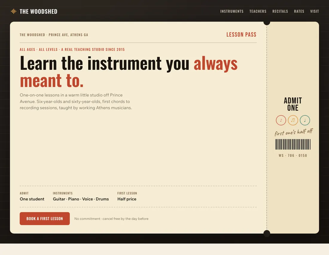 Home page of The Woodshed, an example site for music lessons studio in Athens