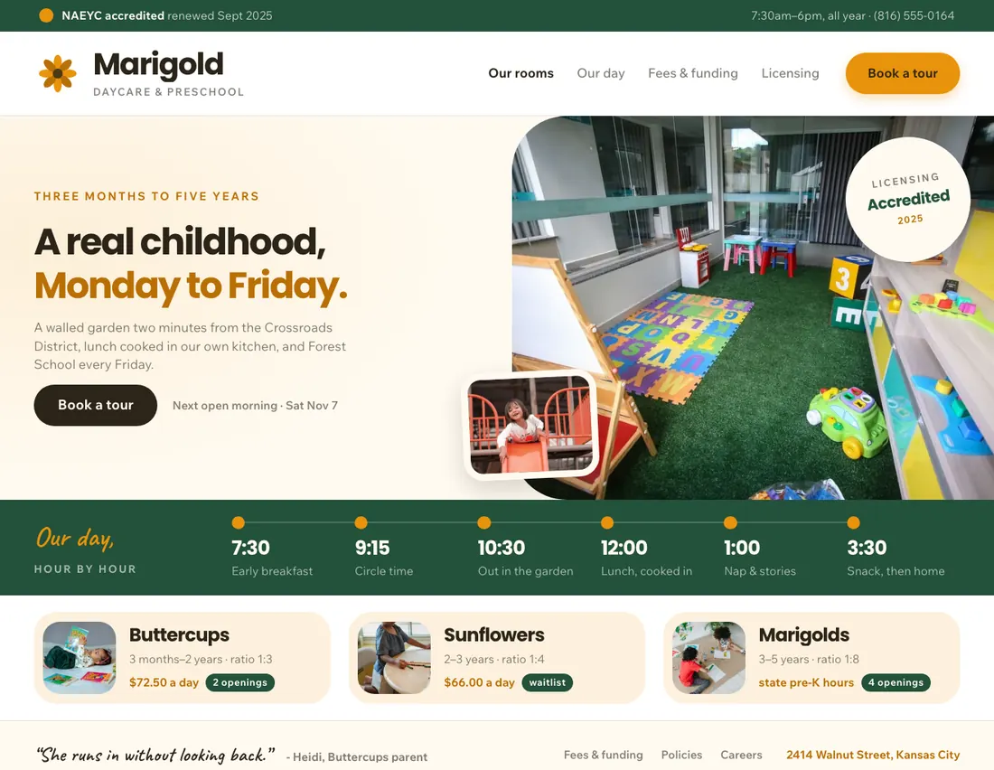 Home page of Marigold Nursery, an example site for daycare & preschool in Kansas City