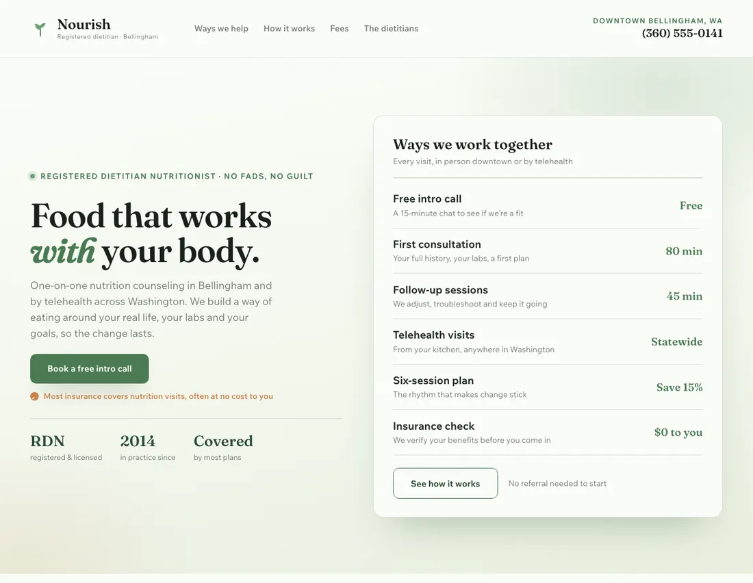 Nourish, registered dietitian in Bellingham: the home page DEVIQO designed and wrote for it
