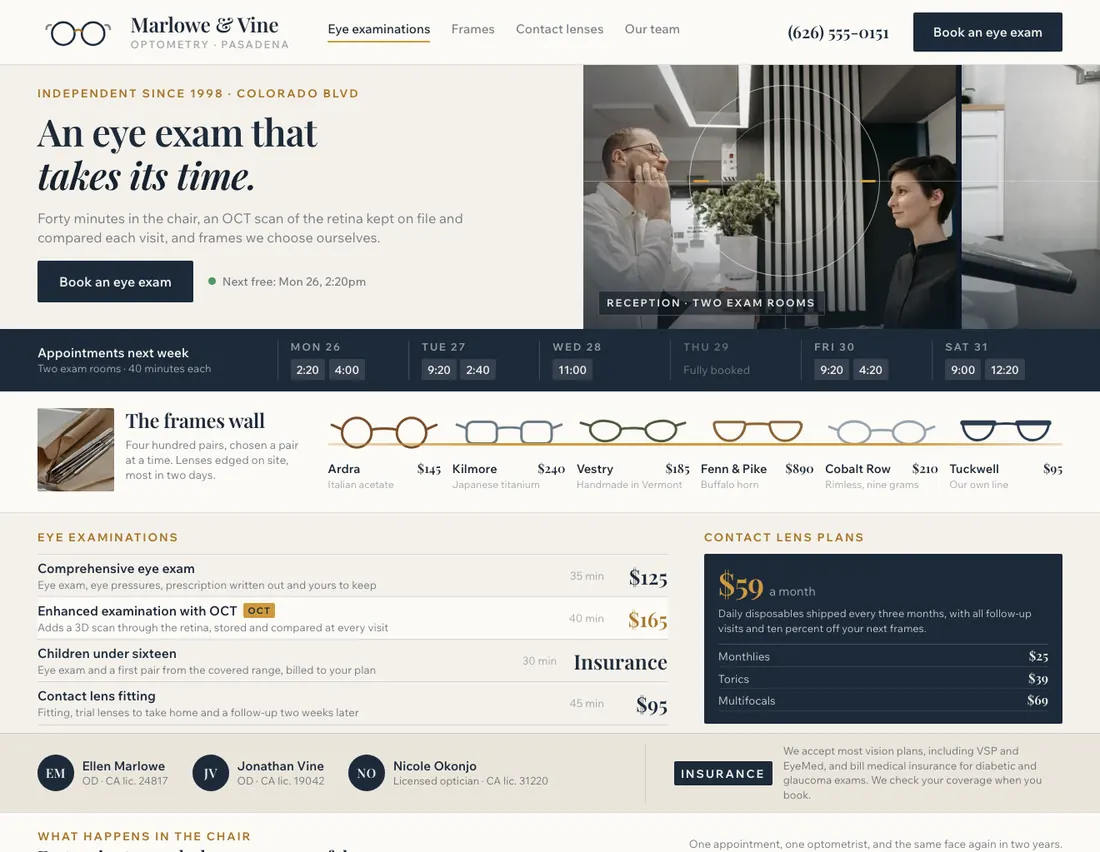 Home page of Marlowe & Vine, an example site for optometrists in Pasadena
