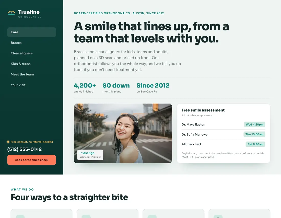 Home page of Trueline Orthodontics, an example site for braces & clear aligners in Austin