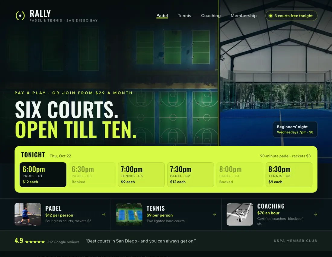Home page of Rally, an example site for padel & tennis club in San Diego