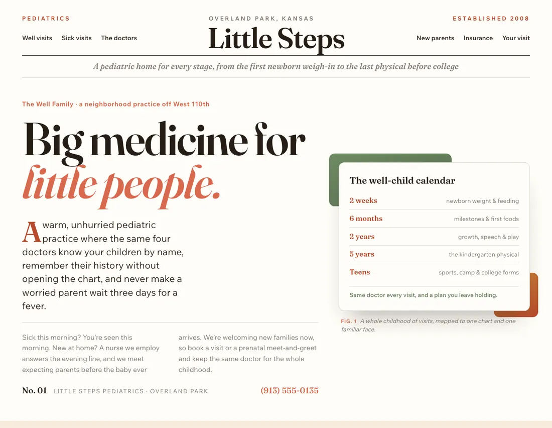 Home page of Little Steps, an example site for pediatrics in Overland Park