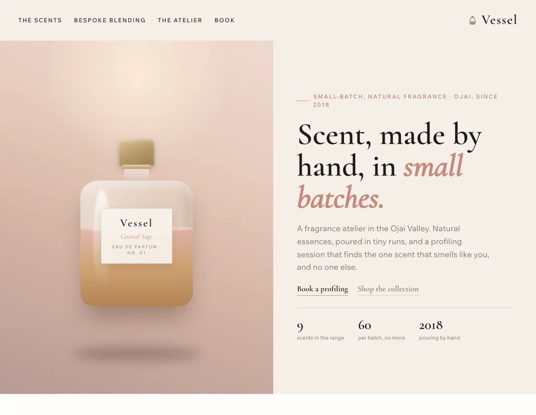 Vessel, fragrance atelier in Ojai: the home page DEVIQO designed and wrote for it