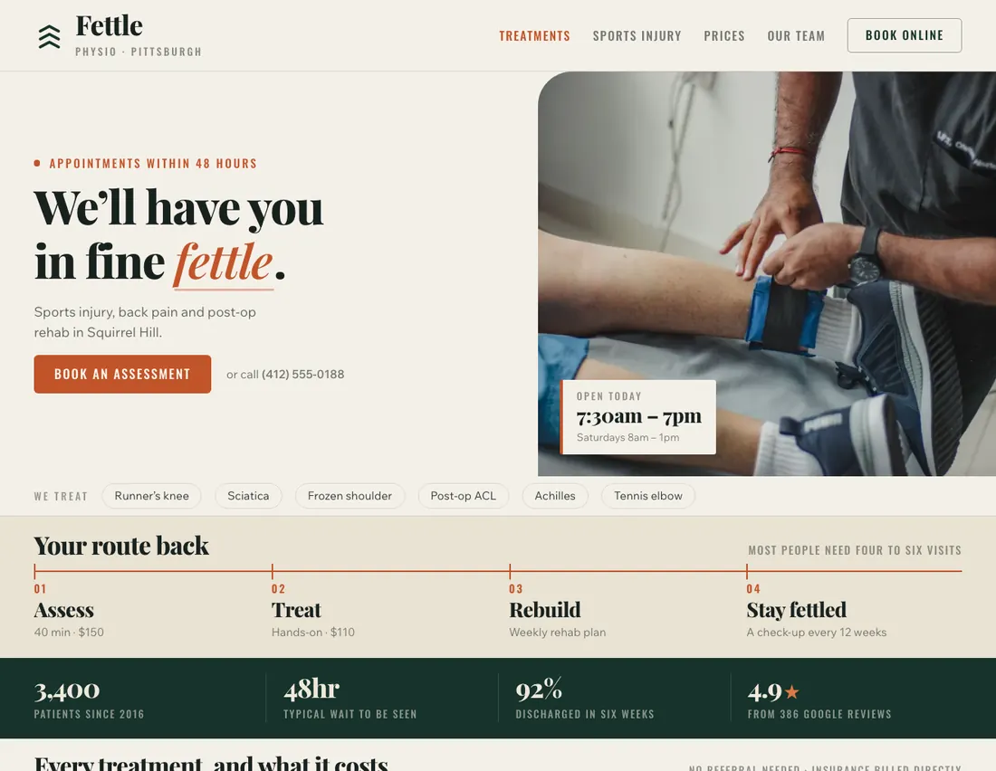 Home page of Fettle Physio, an example site for physical therapy clinic in Pittsburgh