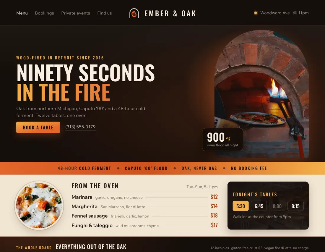 Home page of Ember & Oak, an example site for wood-fired pizzeria in Detroit