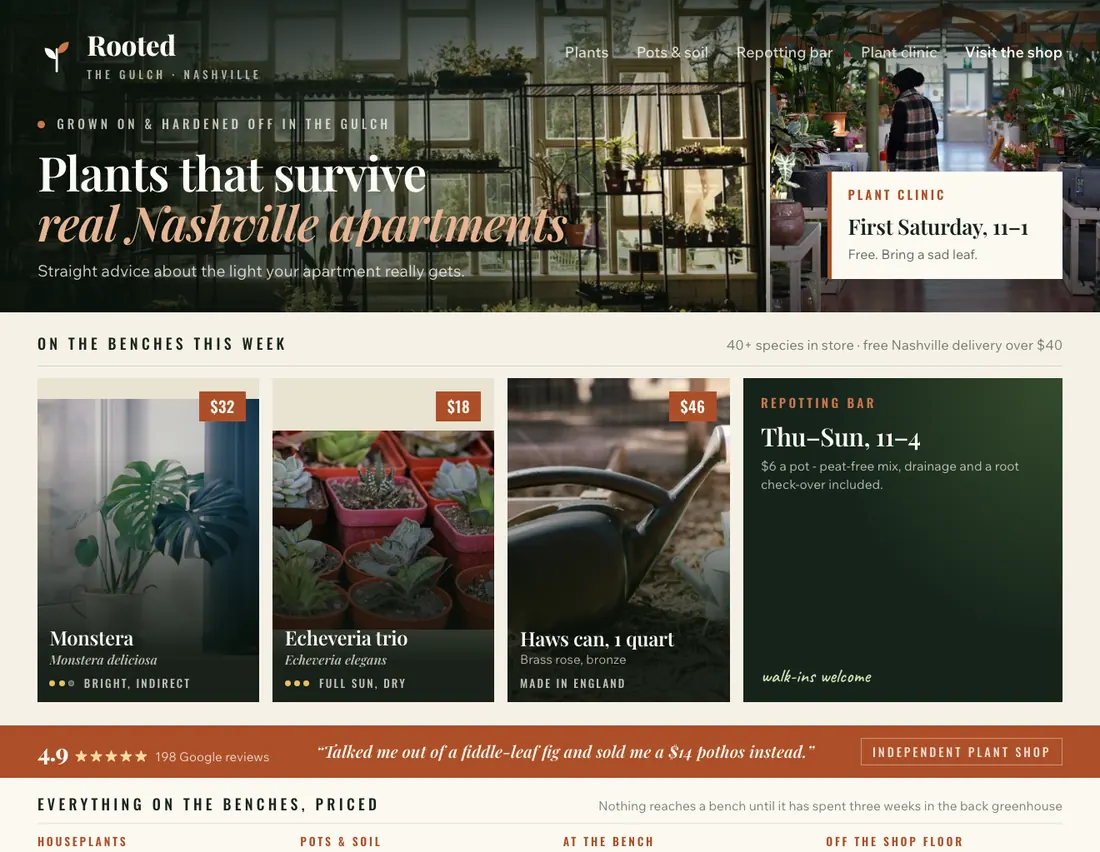 Home page of Rooted, an example site for plant shop in Nashville