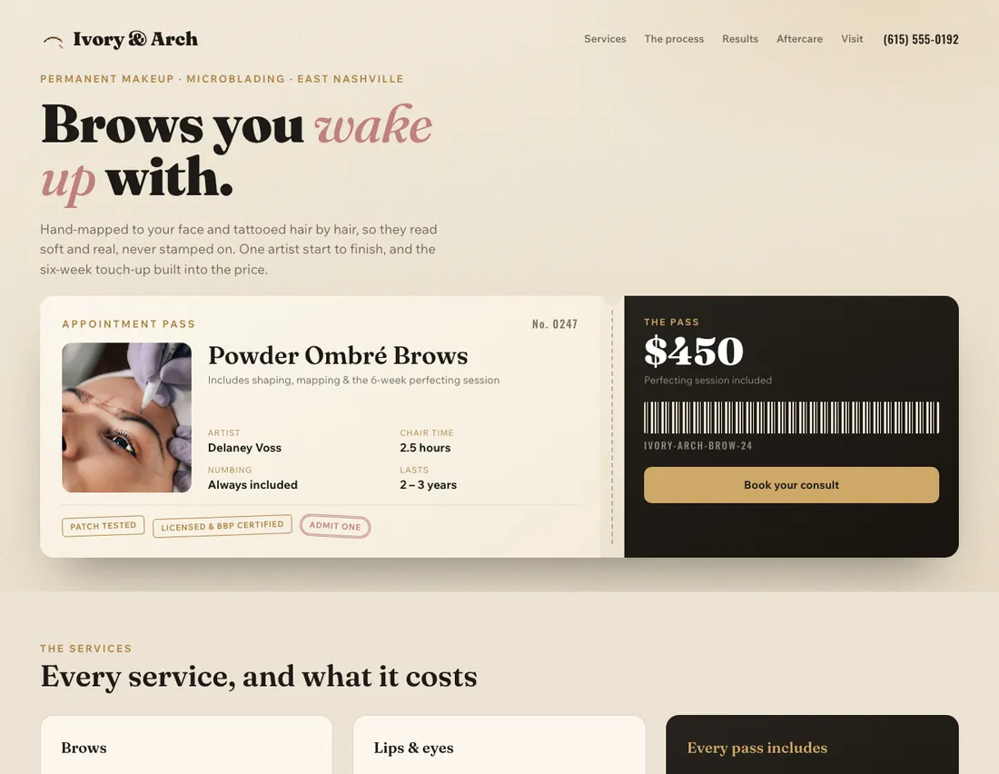 Home page of Ivory & Arch, an example site for permanent makeup & microblading in Nashville