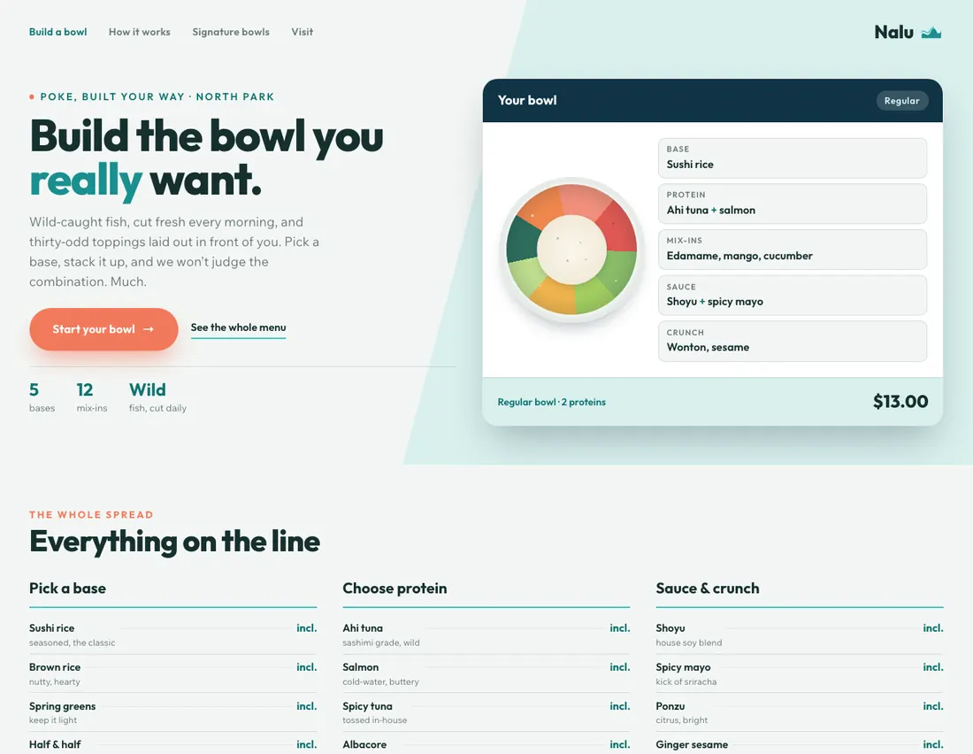 Home page of Nalu Poke, an example site for build-your-own poke bar in San Diego
