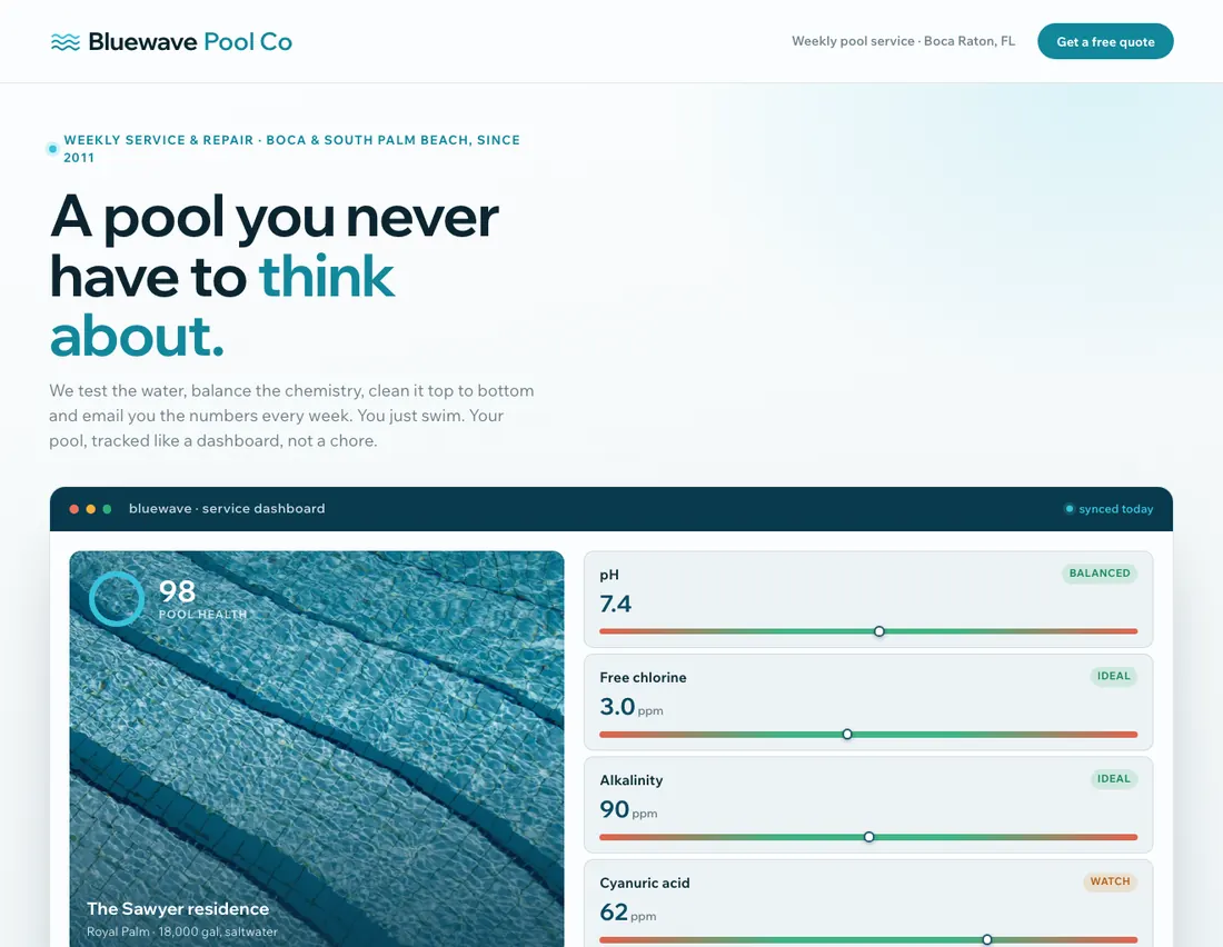 Home page of Bluewave Pool Co, an example site for pool service & maintenance in Boca Raton