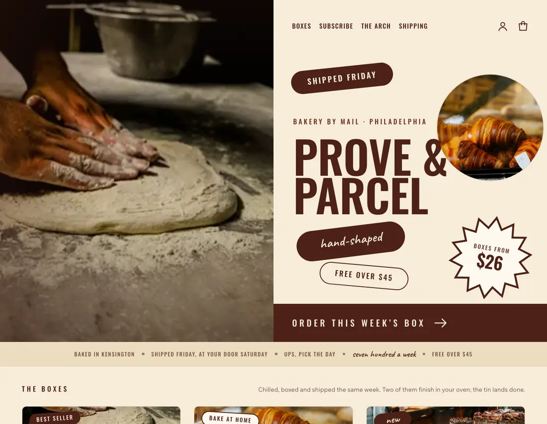 Home page of Prove & Parcel, an example site for bakery by mail in Philadelphia