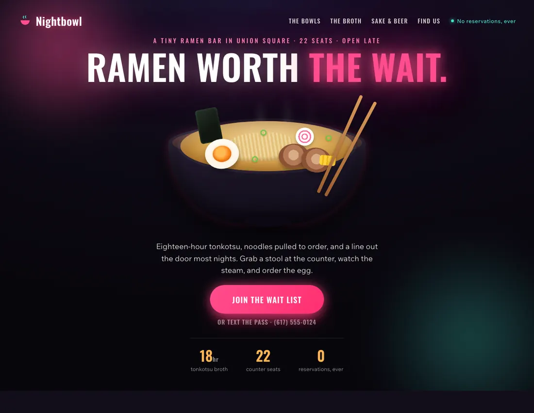 Home page of Nightbowl, an example site for ramen bar in Somerville