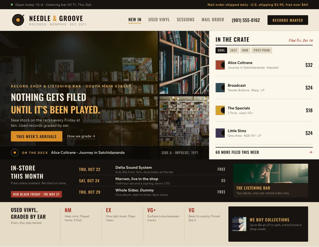 Home page of Needle & Groove, an example site for record store in Memphis