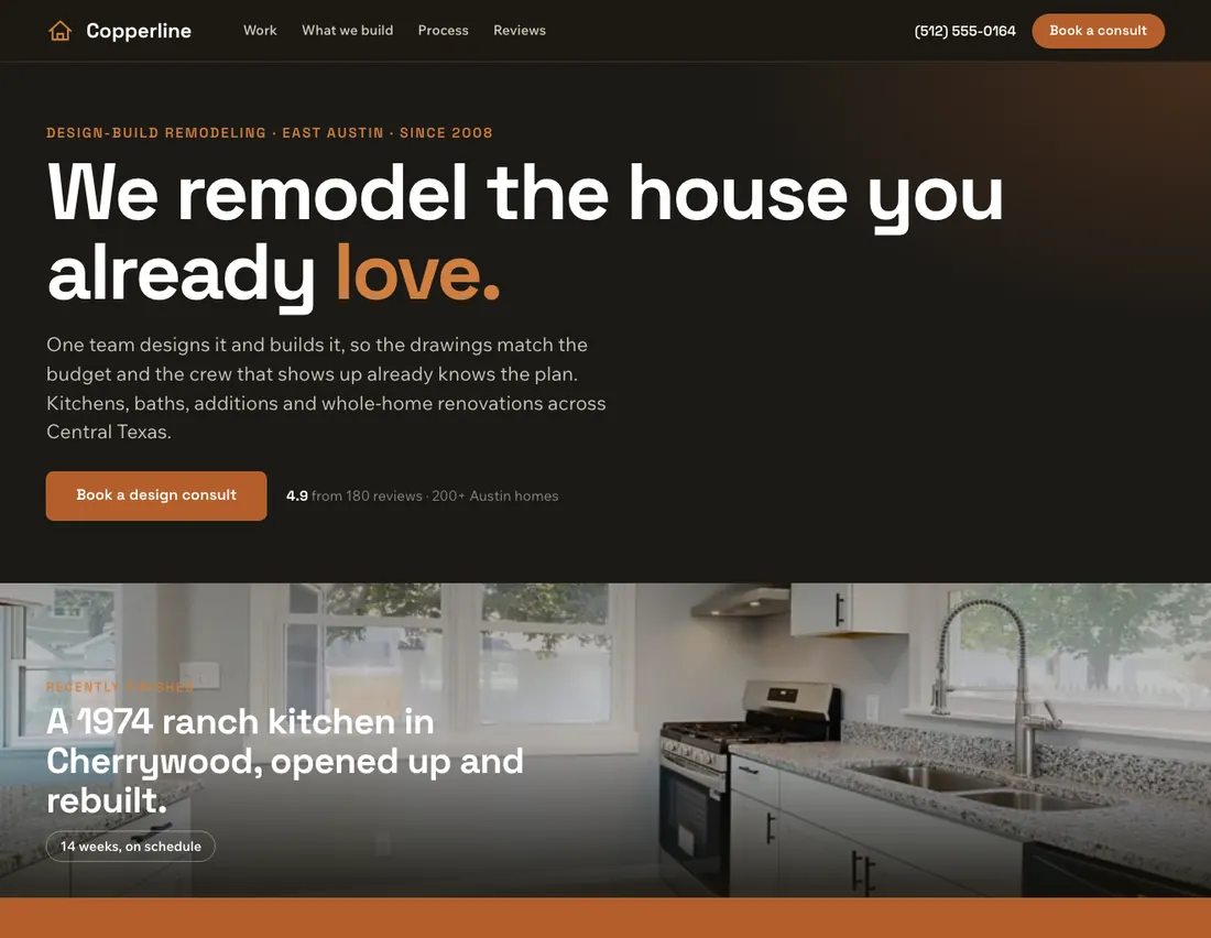 Home page of Copperline Design + Build, an example site for home remodeling / design-build in Austin