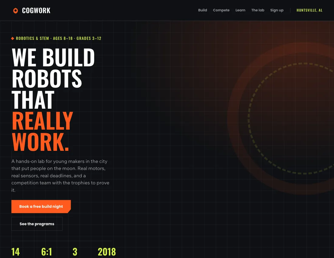 Home page of Cogwork, an example site for robotics & STEM club in Huntsville