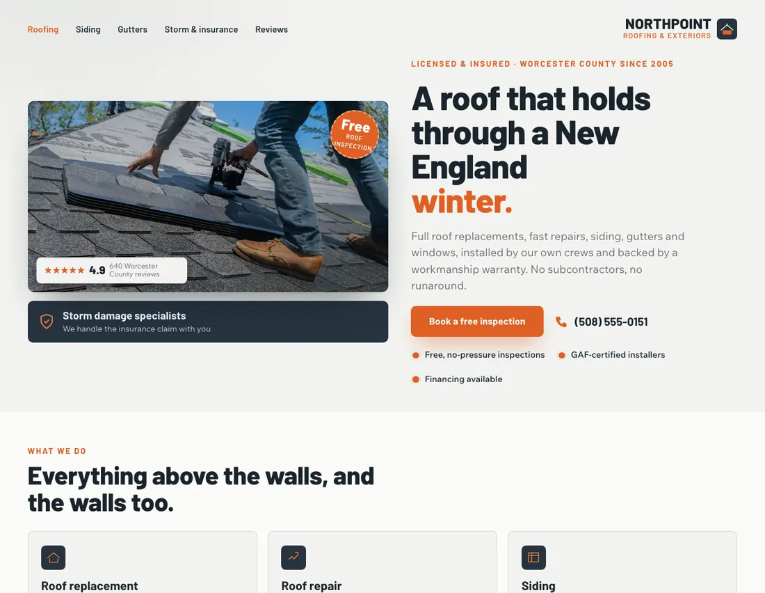 Home page of Northpoint Roofing & Exteriors, an example site for roofing & exteriors in Worcester