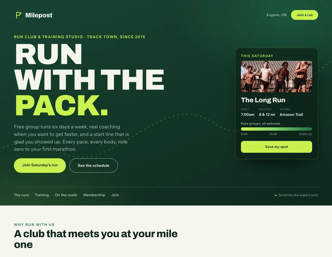 Home page of Milepost, an example site for run club & training in Eugene