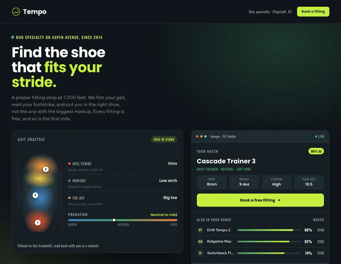 Home page of Tempo, an example site for run specialty shop in Flagstaff