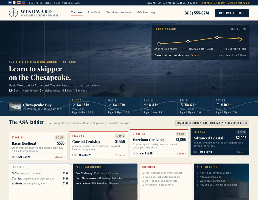 Home page of Windward, an example site for sailing school in Annapolis