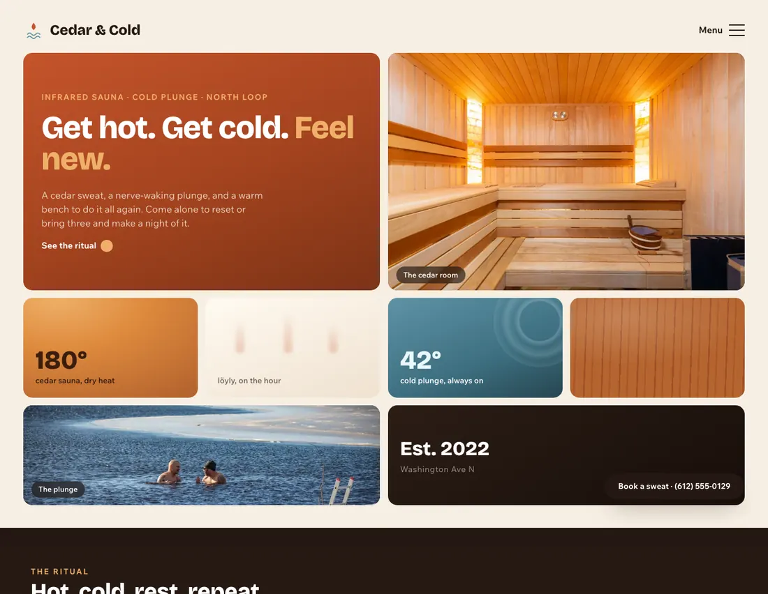 Home page of Cedar & Cold, an example site for infrared sauna & cold plunge lounge in Minneapolis