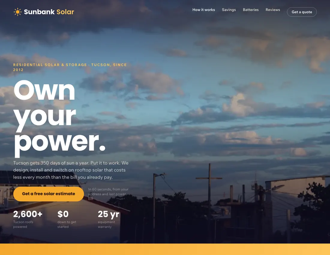 Home page of Sunbank Solar, an example site for residential solar install in Tucson