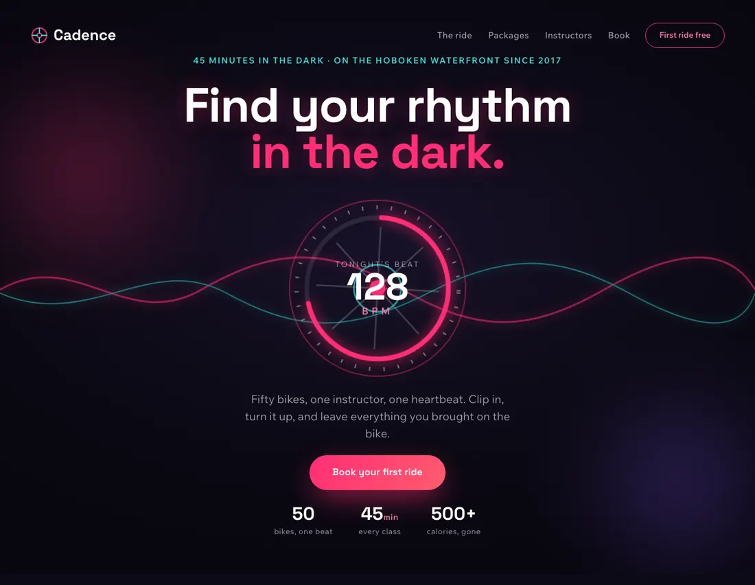 Home page of Cadence, an example site for indoor cycling studio in Hoboken
