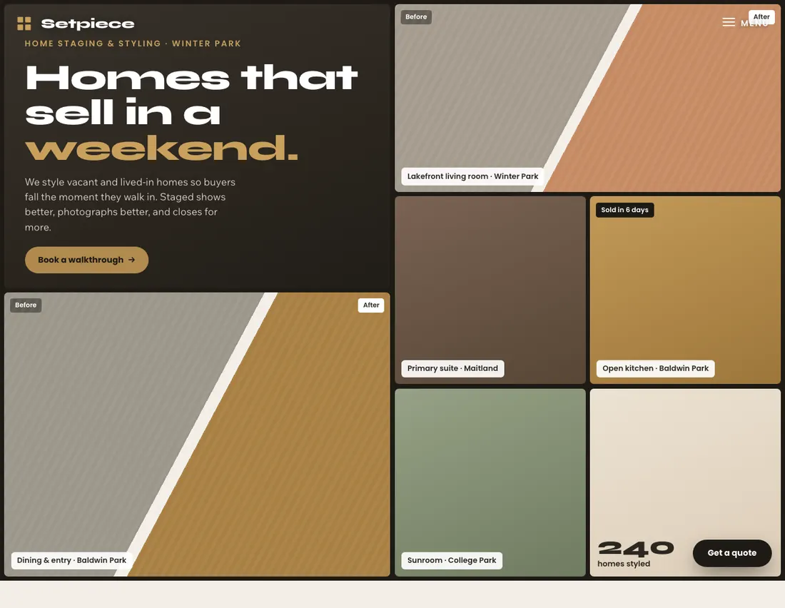 Setpiece, home staging studio in Winter Park: the home page DEVIQO designed and wrote for it