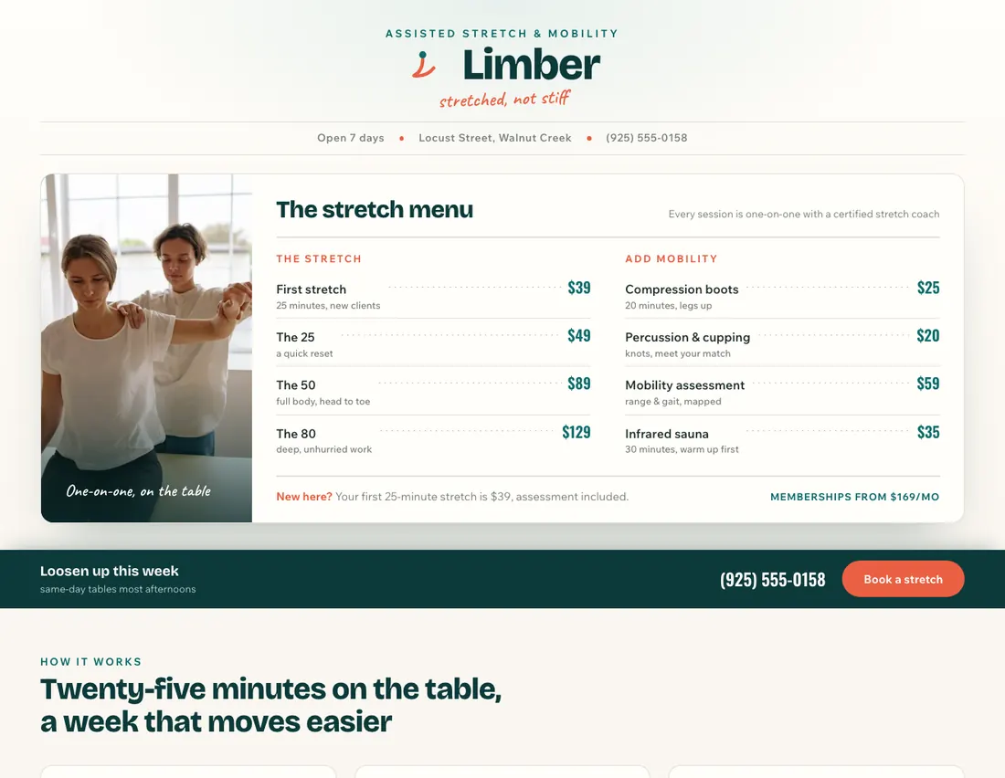 Home page of Limber, an example site for assisted stretch & mobility in Walnut Creek