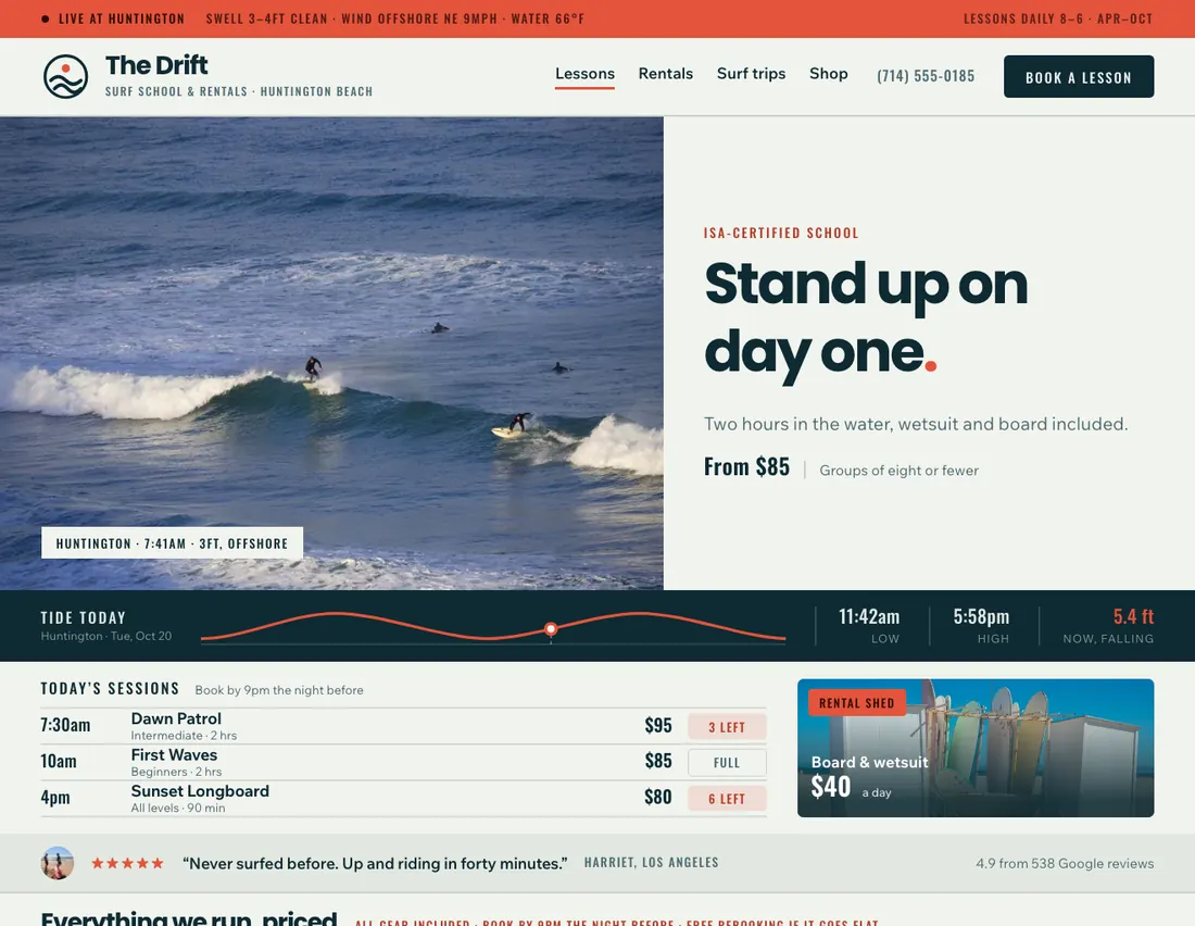 The Drift, surf school & rentals in Huntington Beach: the home page DEVIQO designed and wrote for it